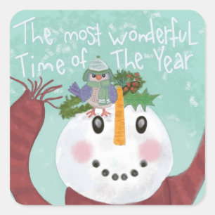 Snowman and Bird Square Sticker