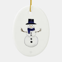 Snowman and Blue Snowflake Ceramic Oval Ornament