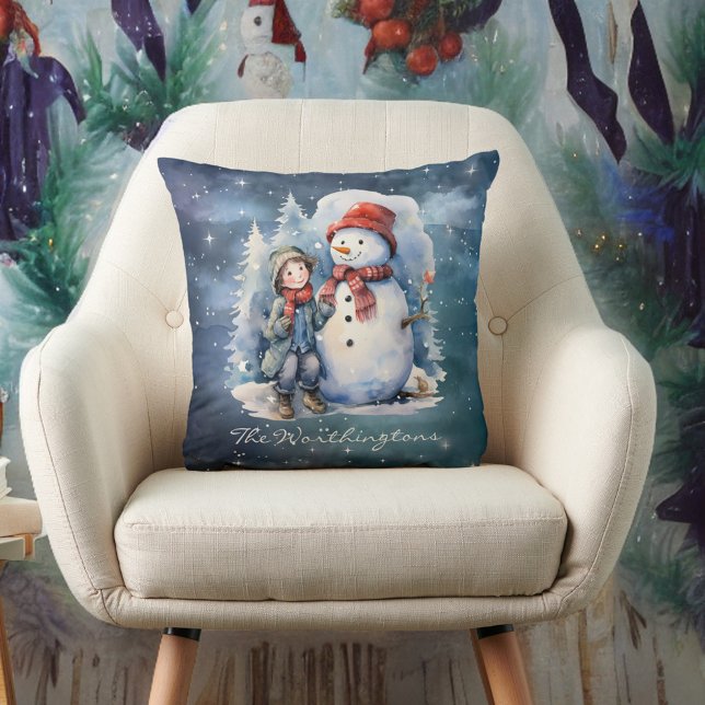 Snowman and Boy with Scarves Starry Night Monogram Cushion (Creator Uploaded)