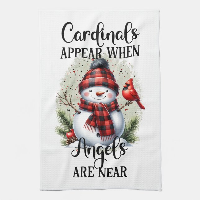 Snowman and Cardinal with Angel quote Tea Towel (Vertical)