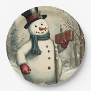 Snowman and Christmas Gift Winter Illustration Paper Plate