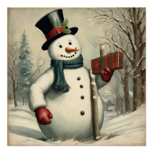Snowman and Christmas Gift Winter Illustration Poster