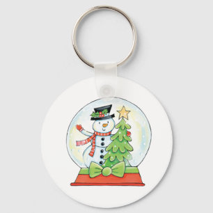 Snowman and Christmas Tree in a Snow Globe Key Ring