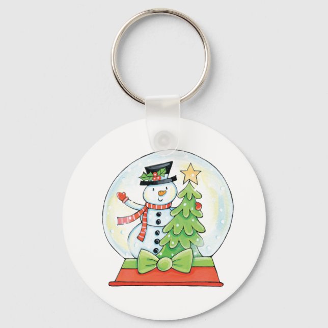 Snowman and Christmas Tree in a Snow Globe Key Ring (Front)