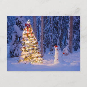 Snowman and Christmas Tree on a Winter Night Holiday Postcard