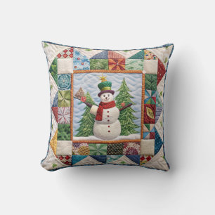 Snowman and Christmas Tree Quilt Print Cushion