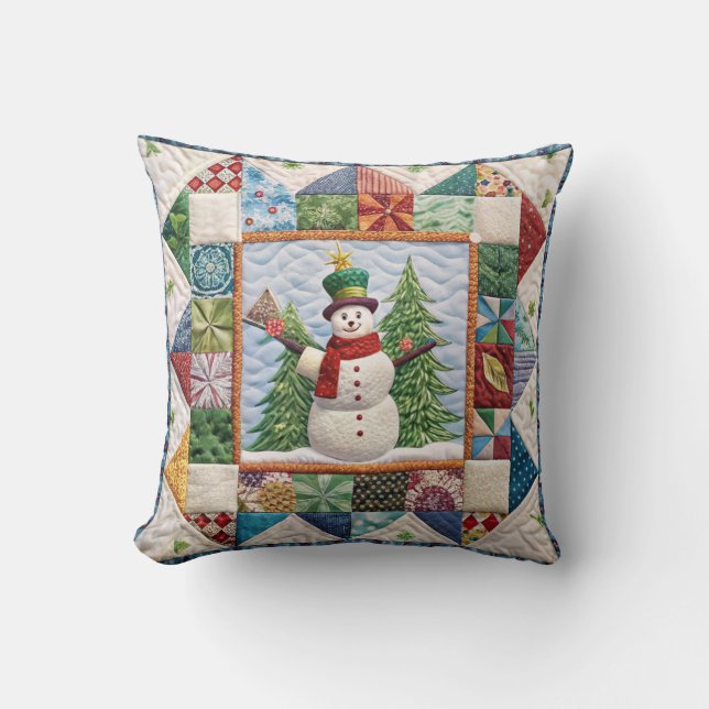 Snowman and Christmas Tree Quilt Print Cushion (Front)