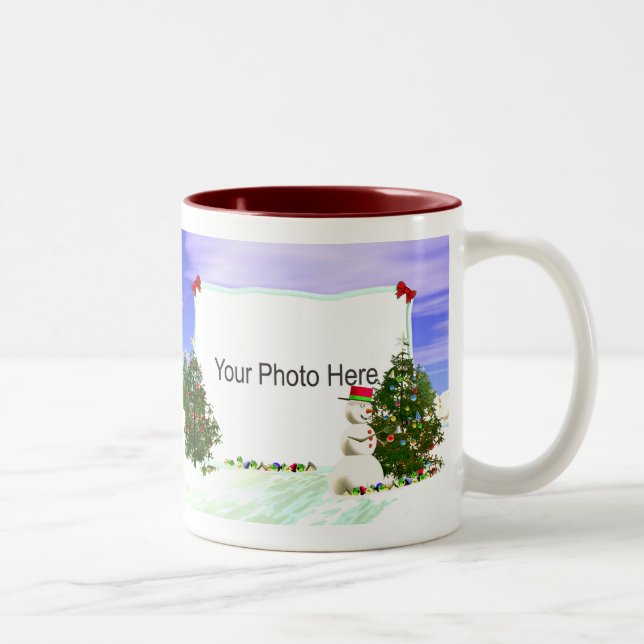 Snowman and Christmas Trees 2-Photo Frame Two-Tone Coffee Mug (Right)