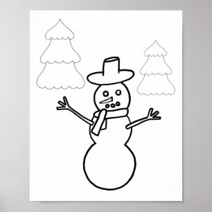 Snowman and Christmas Trees Outline Poster