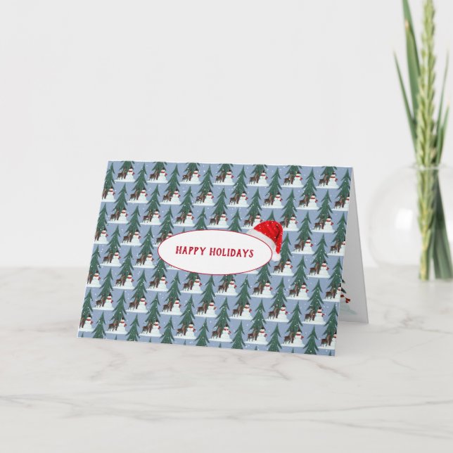 snowman and deer in snowflakes on blue holiday card (Front)