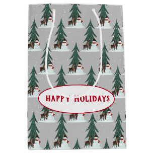 snowman and deer in snowflakes on grey medium gift bag