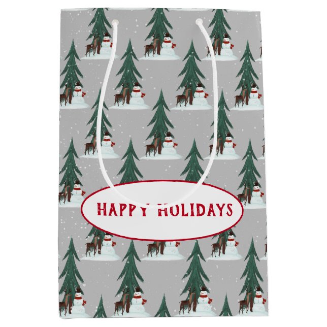 snowman and deer in snowflakes on grey medium gift bag (Front)