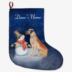 Snowman and dog-Great Dane Large Christmas Stockin Large Christmas Stocking