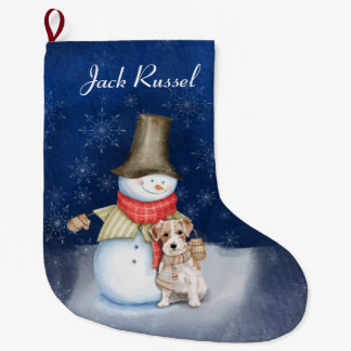 Snowman and dog- Jack Russell Terrier Large Christmas Stocking