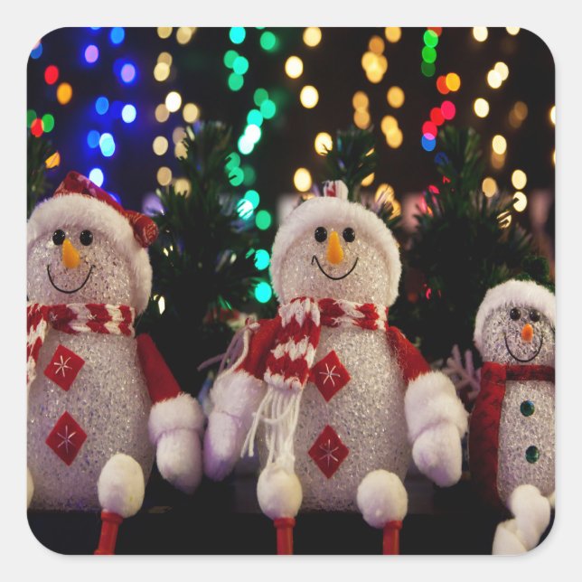 Snowman and Family ornaments on Tree Square Sticker (Front)