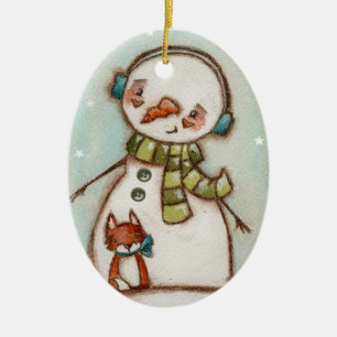 Snowman and Fox - Ceramic Ornament