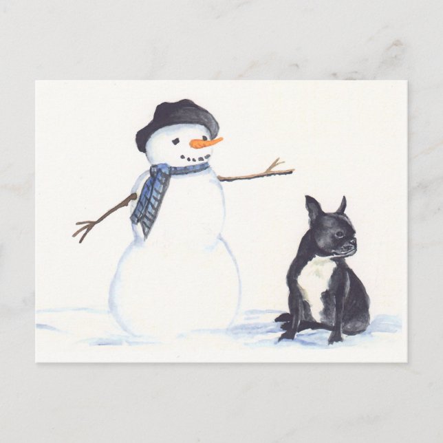 Snowman and French Bulldog Dog Art Postcard (Front)