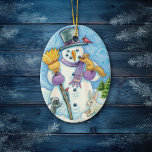 Snowman and Friends Retro Christmas Ceramic Tree Decoration<br><div class="desc">This happy snowmen has several friends who have come to visit,  including a red cardinal bird,  a squirrel,  a bunny rabbit,  and even a skunk! A little bird perches on his broom. A pretty swirled sky background completes the unique retro holiday image on this Christmas ornament. Cute!</div>