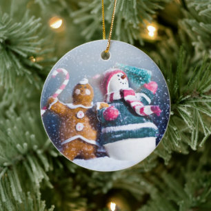 Snowman and gingerbread ceramic tree decoration