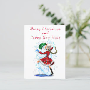 Snowman and Girl Dancers - Christmas and New Year Postcard