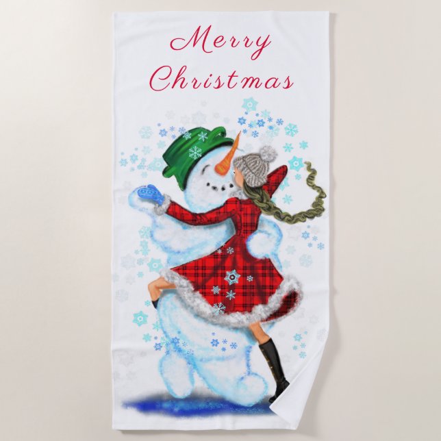 Snowman and Girl Dancers Christmas Beach Towel (Front)