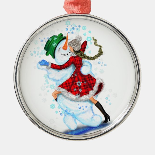Snowman and Girl Dancers Christmas Ornament (Front)