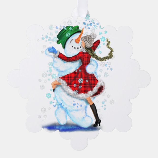 Snowman and Girl Dancers Christmas Ornament Card (Front)