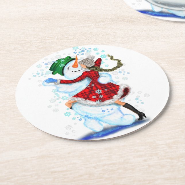 Snowman and Girl Dancers Christmas Paper Coaster (Angled)