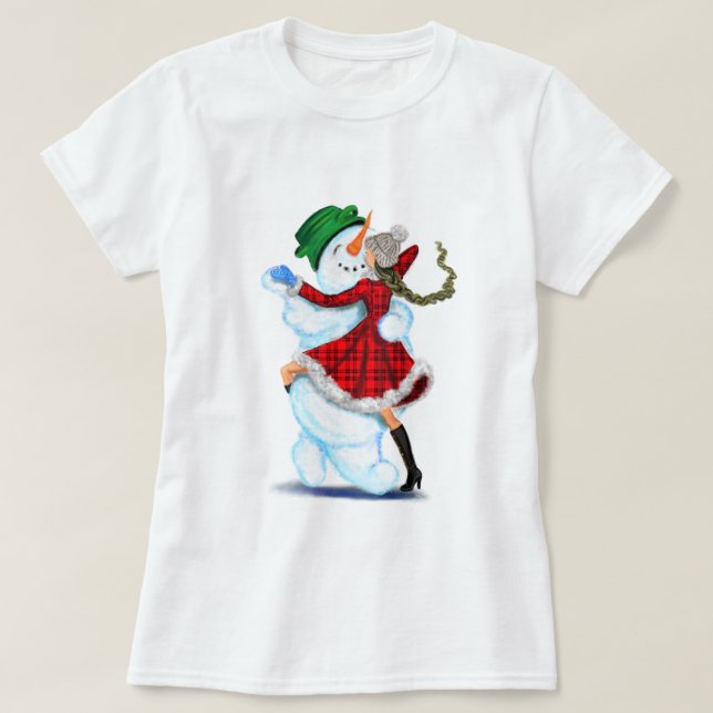Snowman and Girl Dancers Christmas T-Shirt (Design Front)