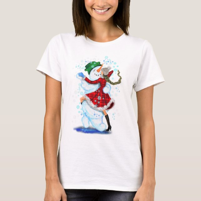 Snowman and Girl Dancers Christmas T-Shirt (Front)