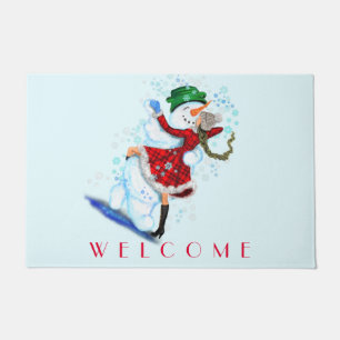 Snowman and Girl Dancers Funny Christmas Doormat