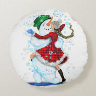 Snowman and Girl Dancers Round Pillow