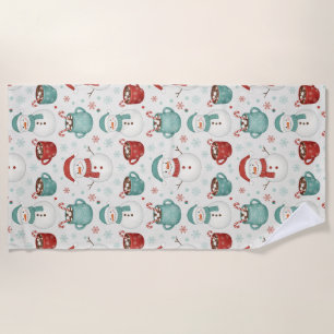 Snowman and Hot Cocoa Christmas Seamless Pattern Beach Towel