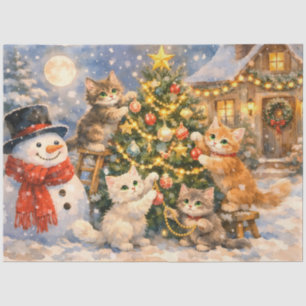 Snowman and Kittens Decorating Christmas Tree Tissue Paper