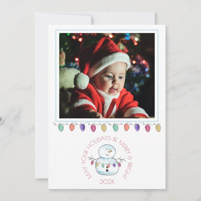Snowman and Lights with Photo Holiday Card (Front)