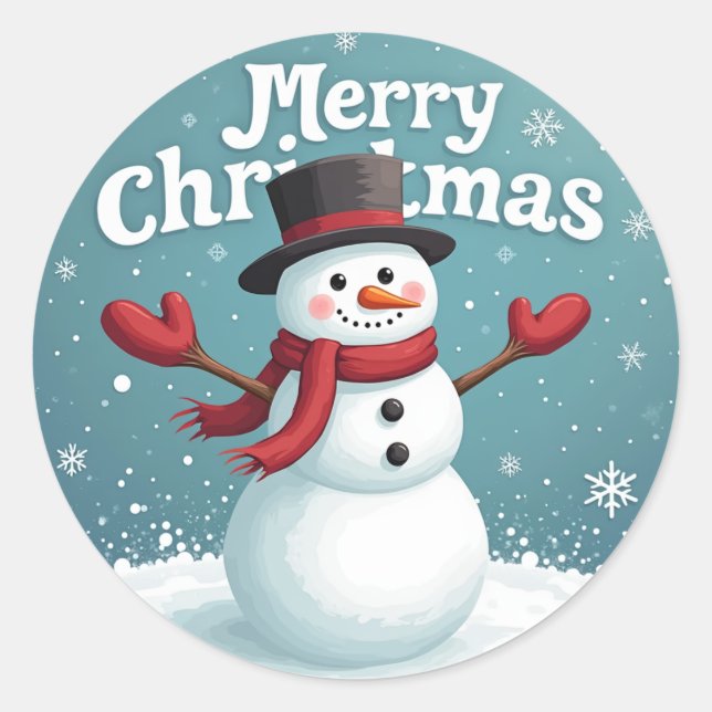 Snowman and Merry Christmas Classic Round Sticker (Front)