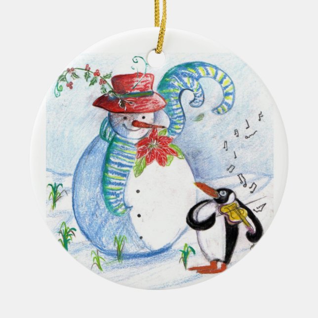 SNOWMAN AND PENGUIN'S WINTER SERENADE CERAMIC TREE DECORATION (Front)