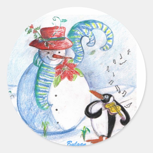 SNOWMAN AND PENGUIN'S WINTER SERENADE CLASSIC ROUND STICKER (Front)
