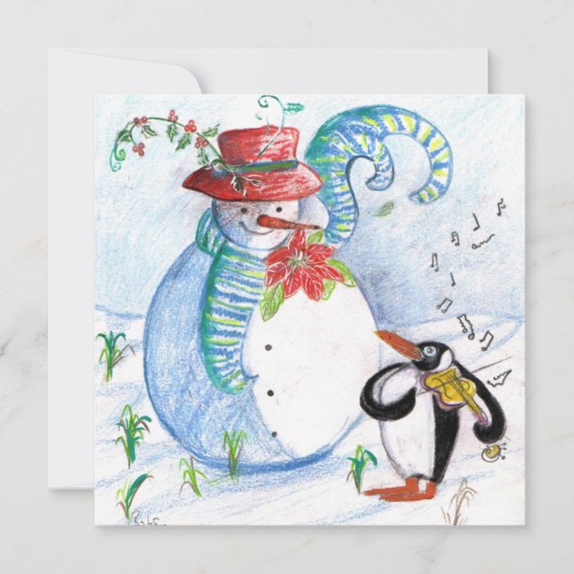 SNOWMAN AND PENGUIN'S WINTER SERENADE HOLIDAY CARD (Front)