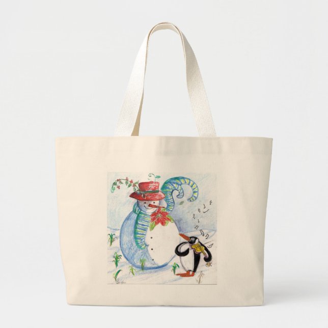 SNOWMAN AND PENGUIN'S WINTER SERENADE LARGE TOTE BAG (Front)