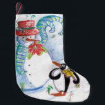 SNOWMAN AND PENGUIN'S WINTER SERENADE SMALL CHRISTMAS STOCKING<br><div class="desc">Whimsical, colourful original pastel painting in blue white red colours, snowman and penguin playing violin in winter snow with red flowers, flourishes.by Bulgan Lumini (c)</div>