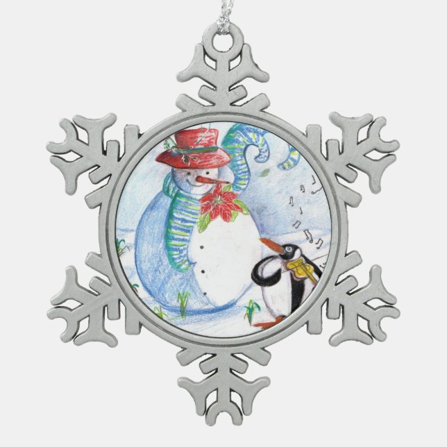 SNOWMAN AND PENGUIN'S WINTER SERENADE SNOWFLAKE PEWTER CHRISTMAS ORNAMENT (Front)