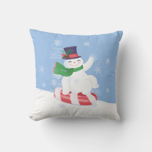 Snowman and Peppermint Blue Throw Pillow