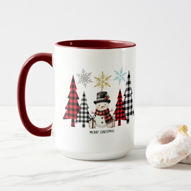 Snowman and Plaid Christmas Tree - Cosy Winter sip Mug (With Donut)