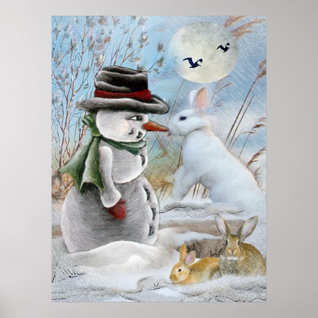 snowman and rabbit eating carrot poster (Front)