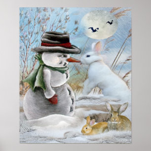 Snowman and rabbit eating carrot print
