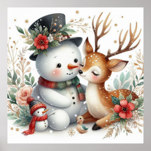 Snowman And Reindeer Friends Poster