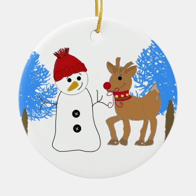Snowman and Reindeer in the Forest Ceramic Tree Decoration (Front)