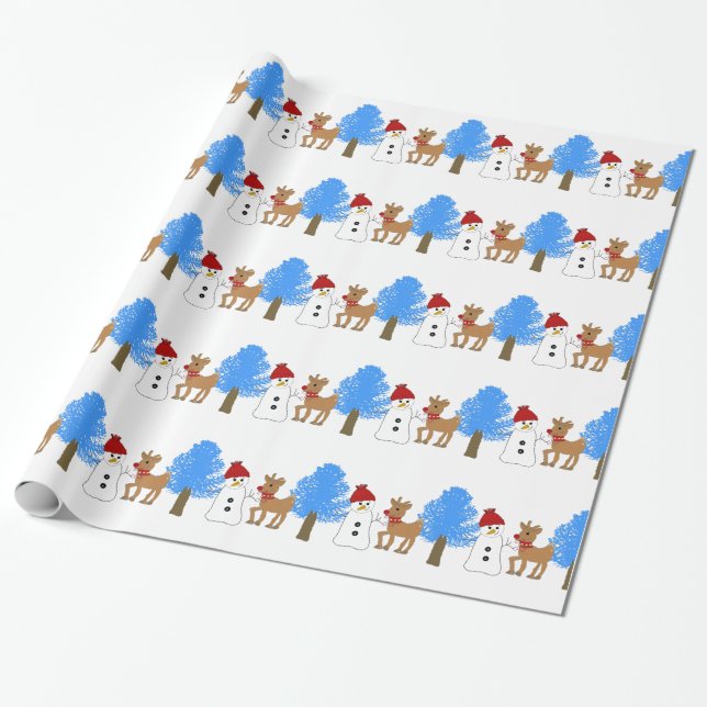 Snowman and Reindeer in the Forest Wrapping Paper (Unrolled)