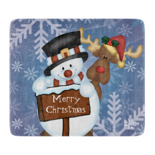 Snowman and Reindeer Merry Christmas Cutting Board